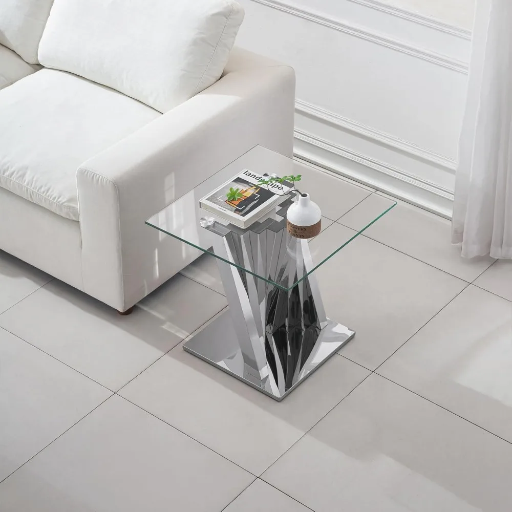 Stainless Steel and Tempered Glass Modern Side Table with Silver Mirror Finish