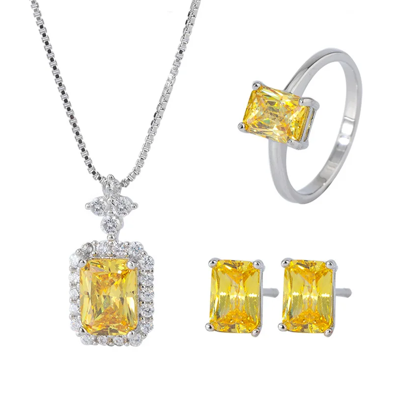 New Jewelry Colorful Gemstone European and American Trend High Carbon Yellow Diamond 6*8 Rectangle Women's Pendant Necklace