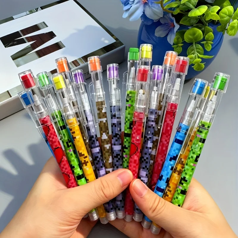 16-teiliges Set mit Buntstiften in verschiedenen Farben und mit Pixelmuster-Designs, Cartoon-Buntstifte, Buntstifte als Preise für Schüler, Buntstifte mit Radiergummi, Schreibwaren, tolle Lern- und Geschenkideen. – Detail 5