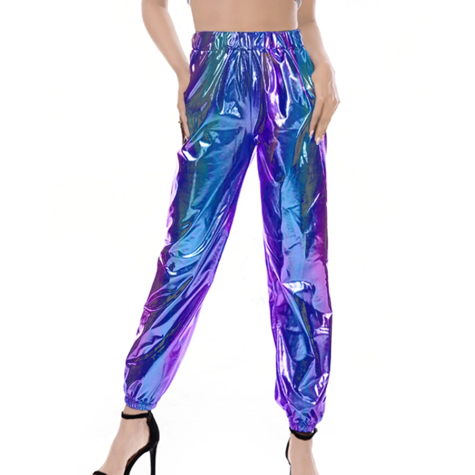 Pantalones sueltos informales a la moda para mujer, pantalones de calle de Color metálico para mujer, pantalones deportivos brillantes para fiesta de Hip Hop callejero