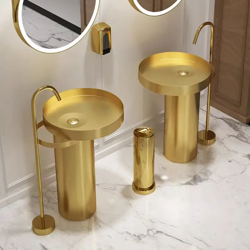 560*560*830mm Luxury Brushed Gold Round Floor standing washbasin Set With Basin faucet and 500mm mirror Brushed Gold Top Quality