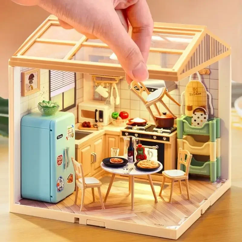 Casa en miniatura DIY, casa de muñecas hecha a mano, modelo de ensamblaje de construcción, escena de dormitorio de cocina simulada, juguete para juego de imitación, decoración del hogar