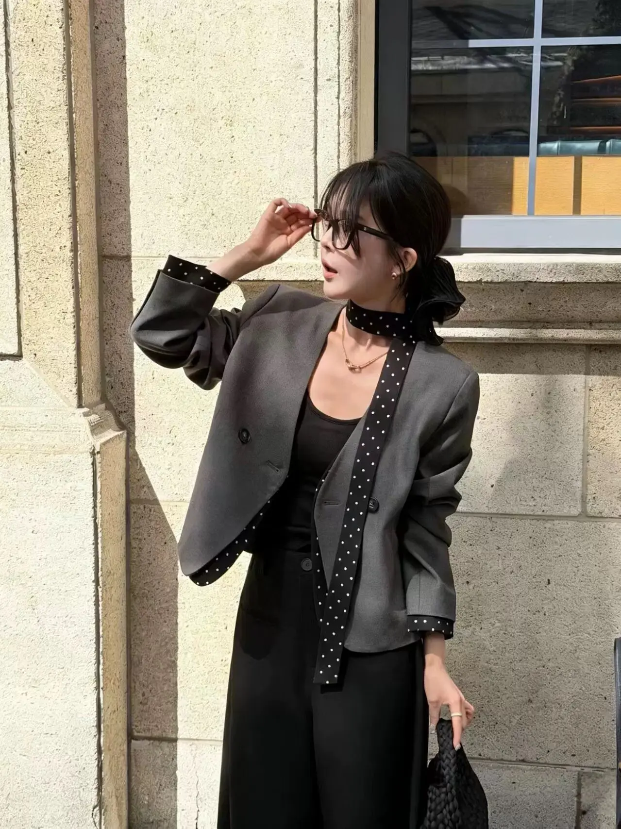 Fashion Casual V-neck False Two-piece Polka Dot Spliced Suit Coat Women's Simple Temperament Versatile Suit Jacket With Ribbon