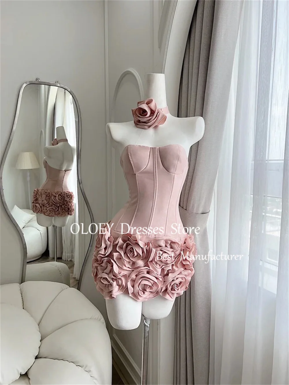 OLOEY 2025 Flowers Mini Prom Cocktail Dress With Scarf Customized Sweetheart Short Wedding Party Dress Sleeveless Pleats Satin