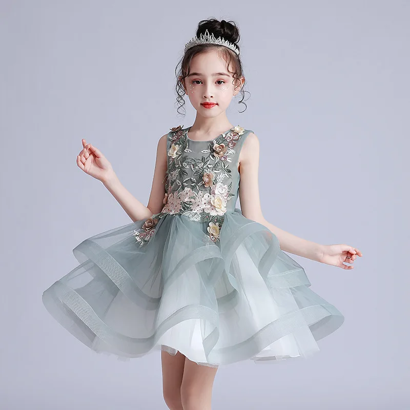 White Green Princess Embroidery Floral Masquerade Dress Girls 4 to 12 Years White Fluffy Tulle Applique Wedding Party Dresses
