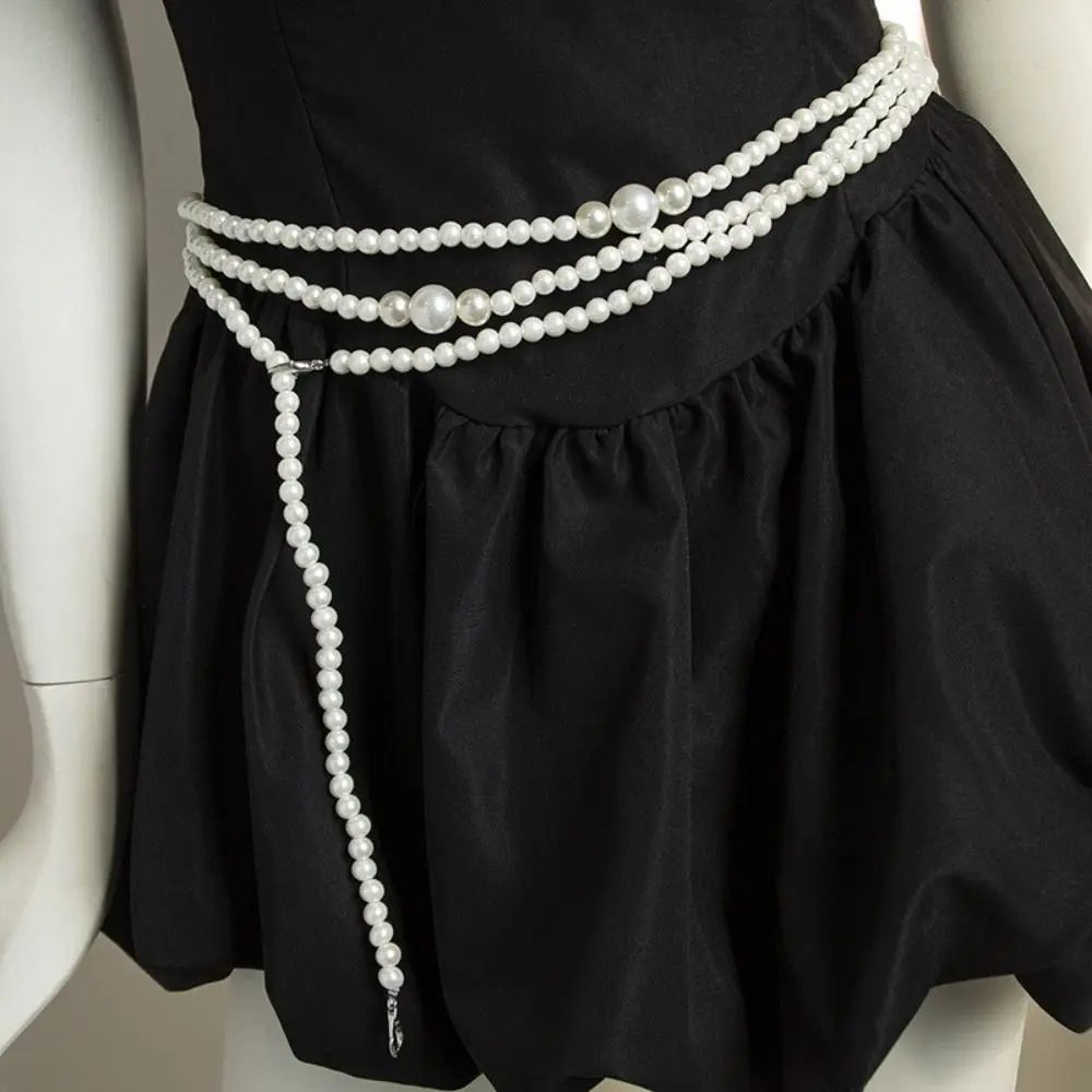 Multilayer Design Pearl Waist Chain Imitation Pearl Lengthened Style Body Chain Belt Metal Accessory Embellished Detail