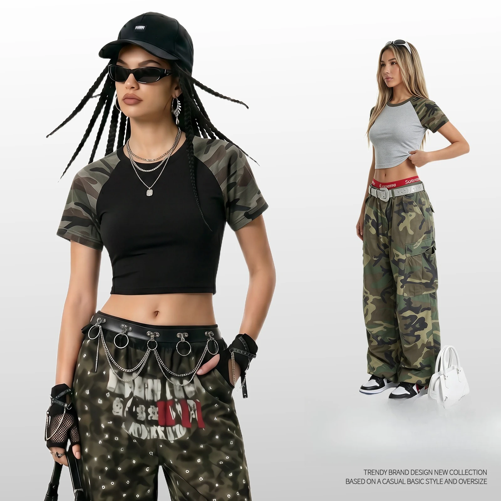 Camouflage Color‑Block Raglan Sleeve Plus Size Cotton Crop Top Women Y2K Vintage Slim Fit Casual Short Sleeve Tee