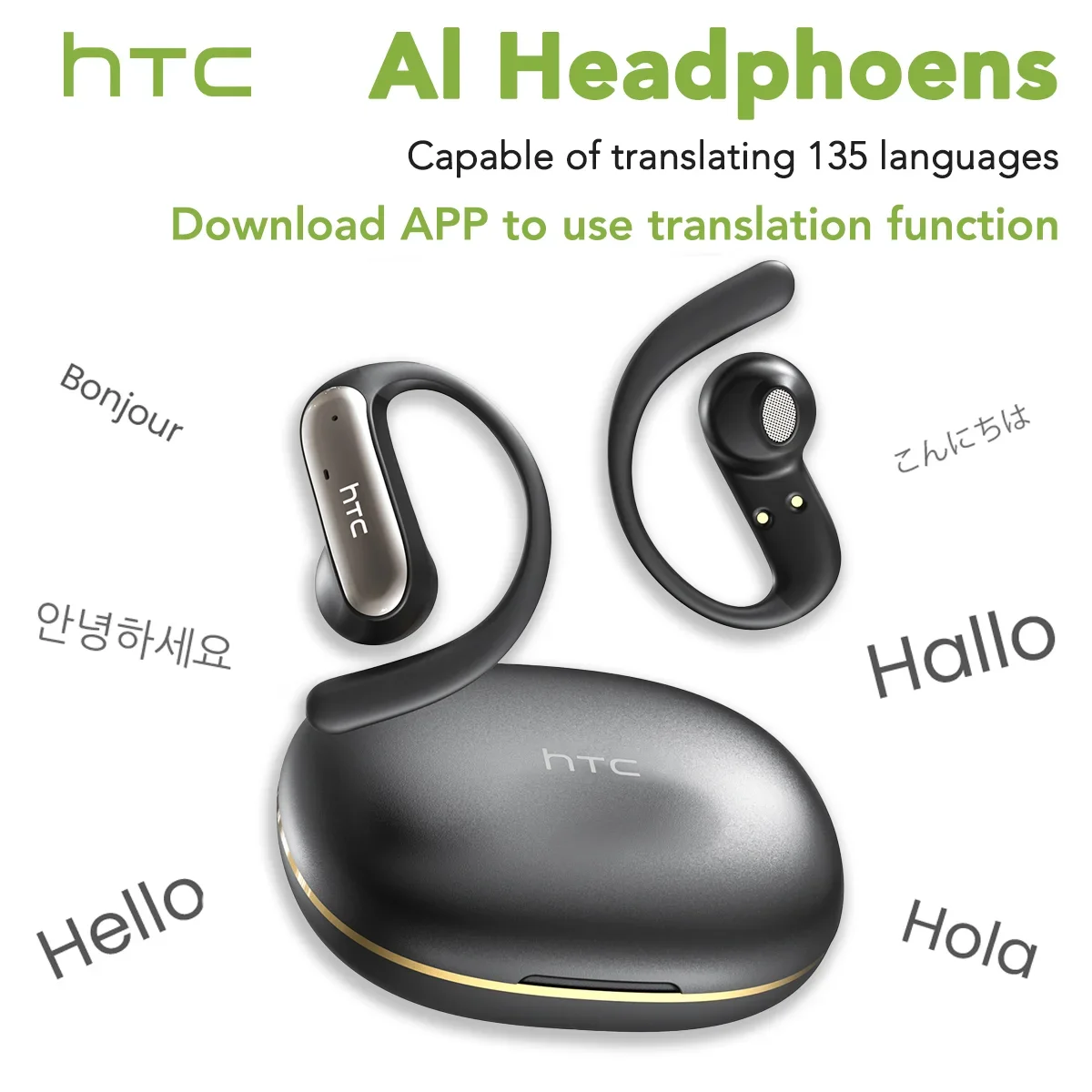 【HTC NE52】 Auriculares Bluetooth AI OWS Auriculares deportivos inalámbricos con micrófono Auriculares de graves potentes Auriculares de traducción AI Larga vida útil