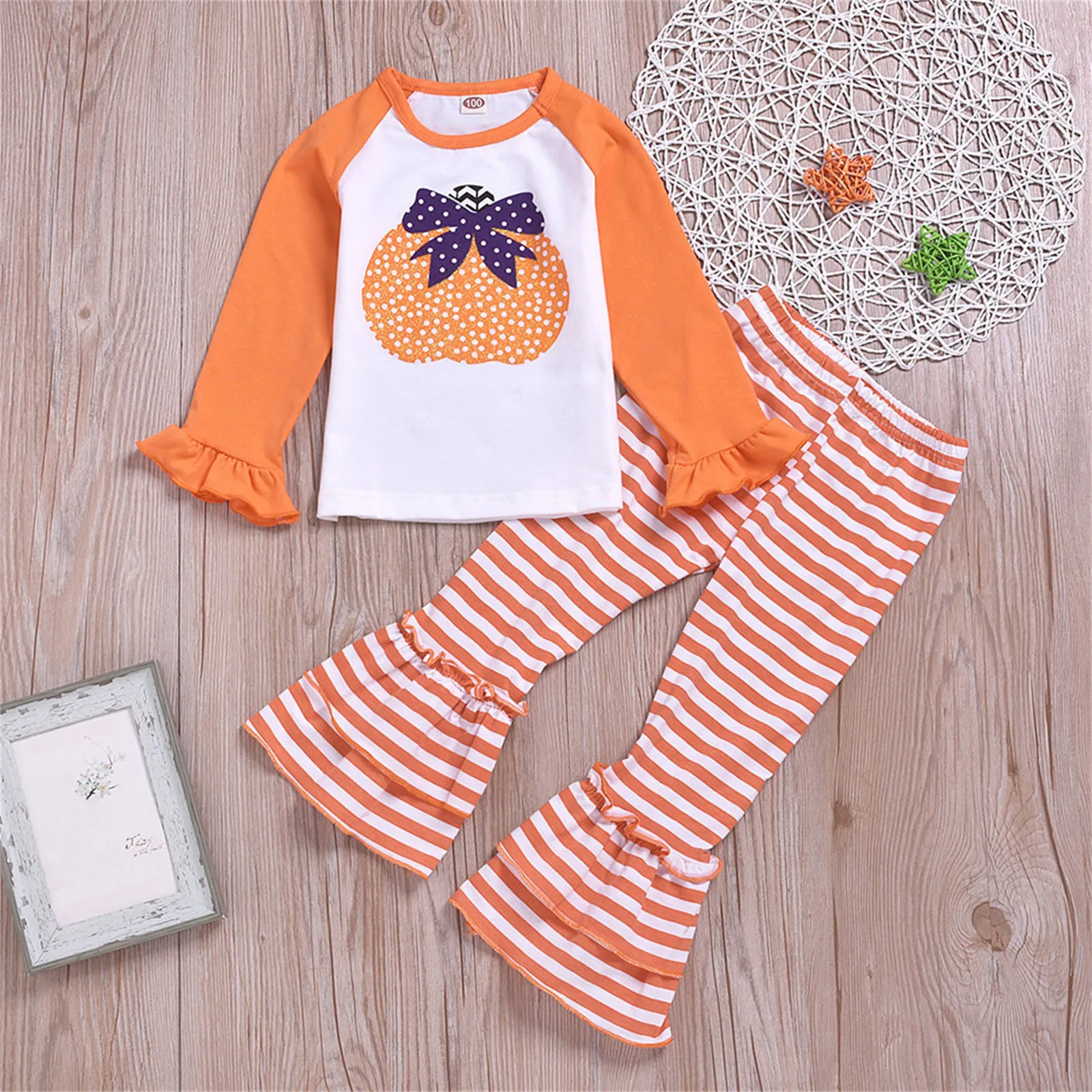 2024 Halloween Infant Toddler Child Kids Baby Girls Cute Cartoon Long Ruffled Sleeve Blouse Tops Striped Pant Trousers Outfit