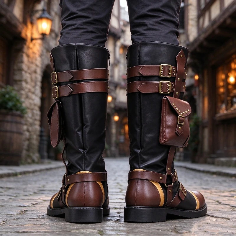 Medieval Renaissance Punk Boots With Pocket Retro Buckle Strap Shoes Vintage Gothic Pirate Cosplay Costume Footwear For Party