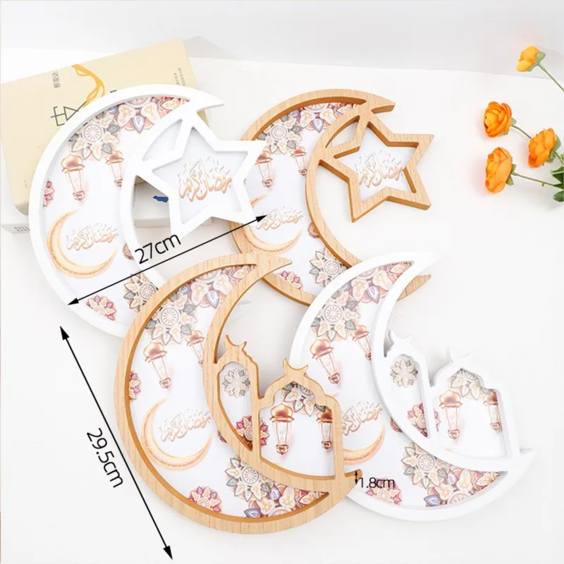 Ramadan Moon Star Wooden Print Dessert Trays Cake Snack Storage Living Room Kitchen Festival Party Banquet Wall Table Decoration