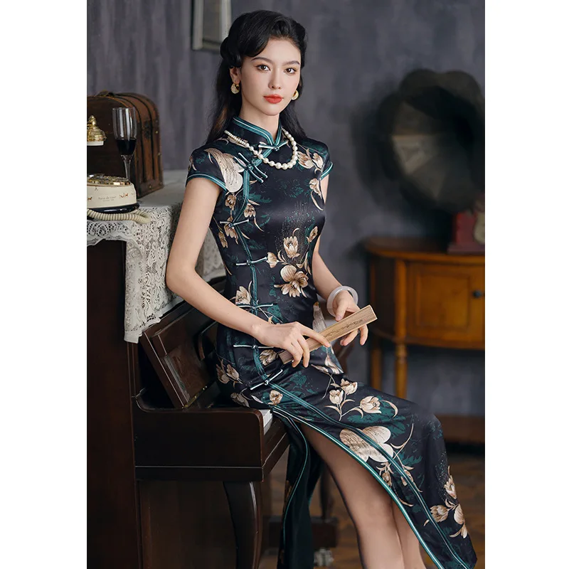 女性のための長い黒のシルクのドレス,ハイエンドのチャイナドレス,qipao,夏のキャットウォーク,毎日改善,高品質,レトロ