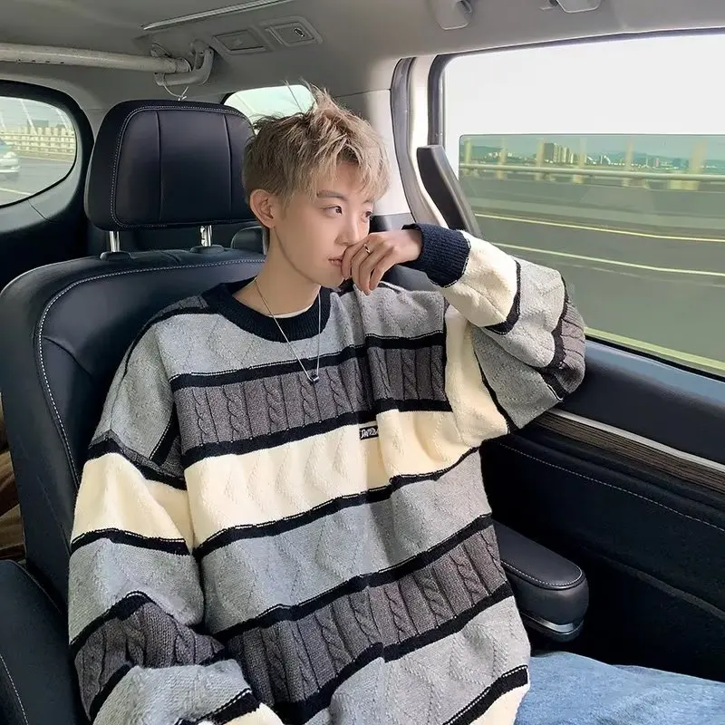 

Fall Large Size 300 Pou round Ne Sweater Men Loose Fat Striped Color Blo Knitted Outerwear Thiened Woolen Sweater