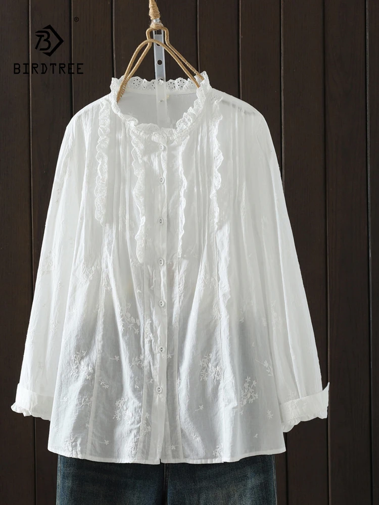 

Новинка 2025, осенняя хлопковая рубашка с длинными рукавами, женская кружевная рубашка с рюшами и вышивкой, свободная блузка Mori Girl French OL Temperament T5O425CC