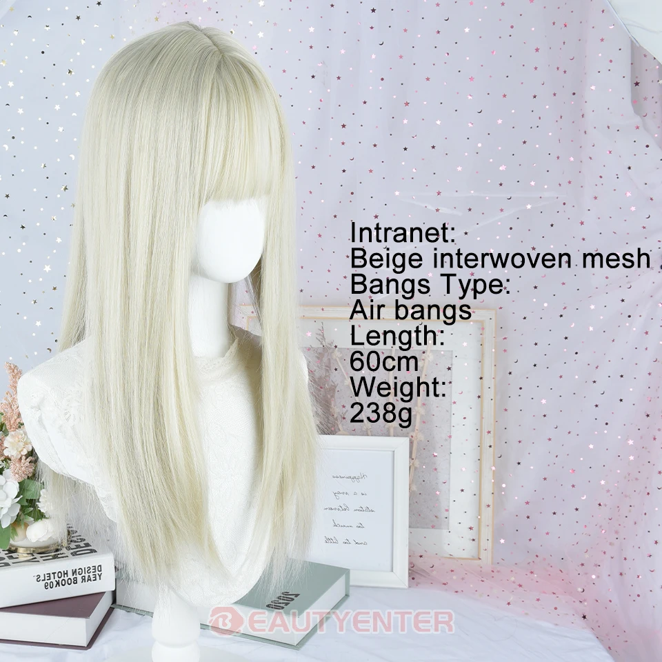 ยาวตรงสีขาว Platinum วิกผมสังเคราะห์กับ Bangs สําหรับผู้หญิงสีขาวสีบลอนด์คอสเพลย์ Lolita วิกผมธรรมชาติผมทนความร้อนใช้