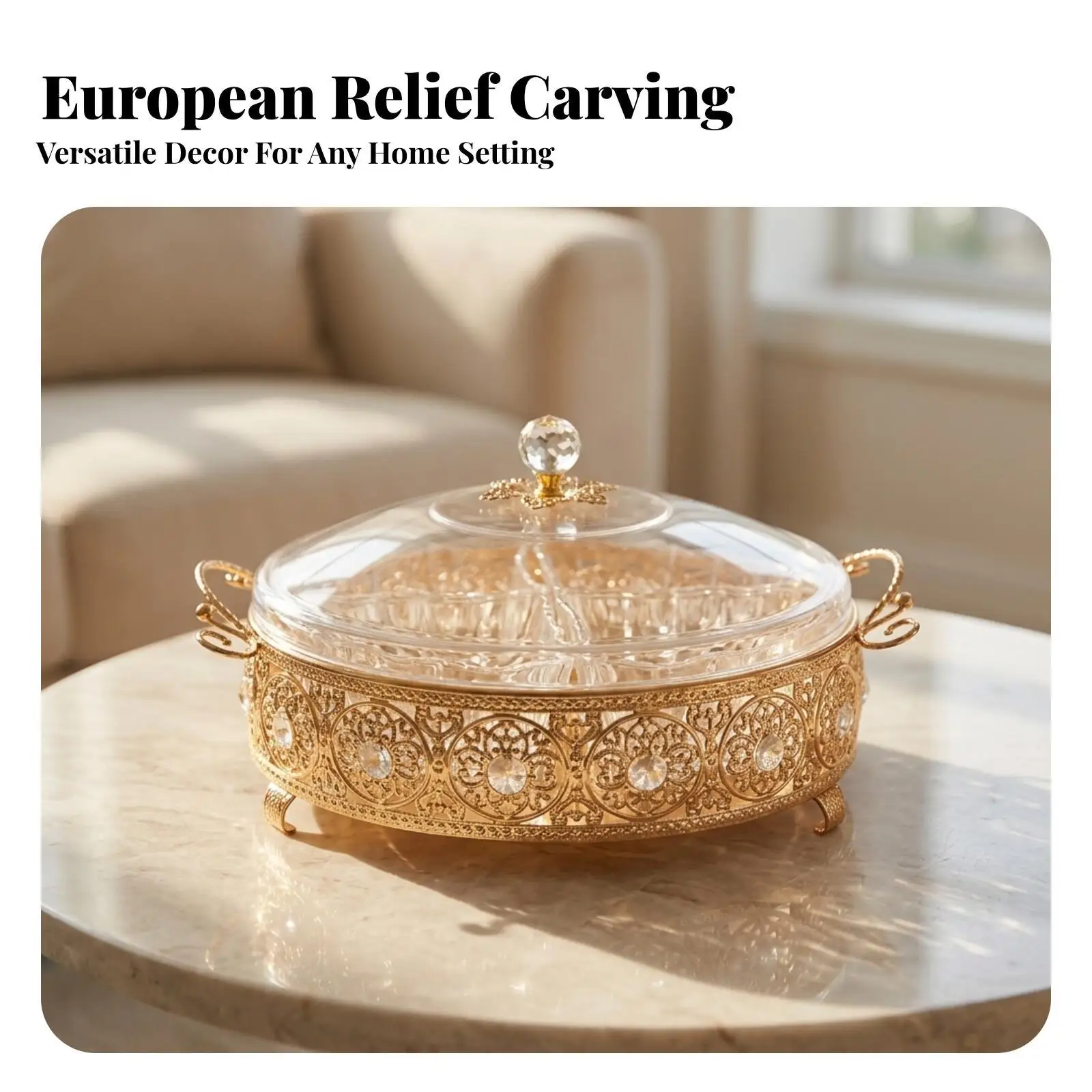 Clear Acrylic Candy Container with Faceted Knob Lid and Zinc Alloy Frame for Household Snacking and Parties