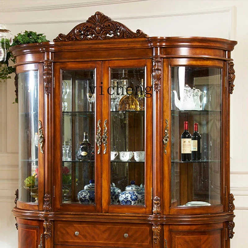 

TQH European solid wood four-door wine cabinet glass cabinet American retro semi-round wine cabinet