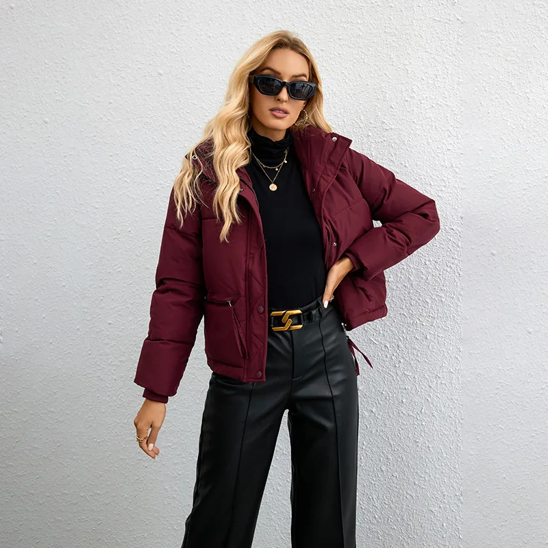 2023 Korean version short standing neck small down cotton jacket women's simple and loose zippered bread jacket solid color