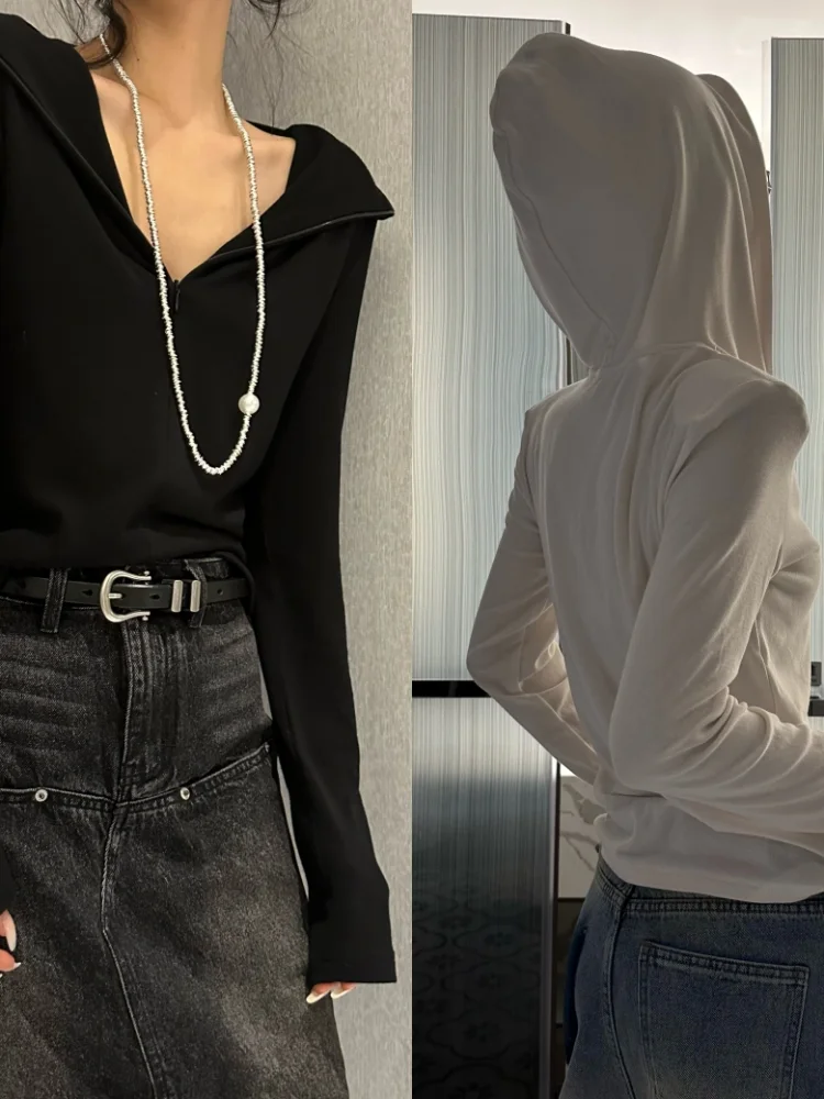 

Black Slim Fit Hoodie Long Sleeve Women's Casual T-Shirt Spring Autumn New Style Korean Simple Versatile Overhead Top