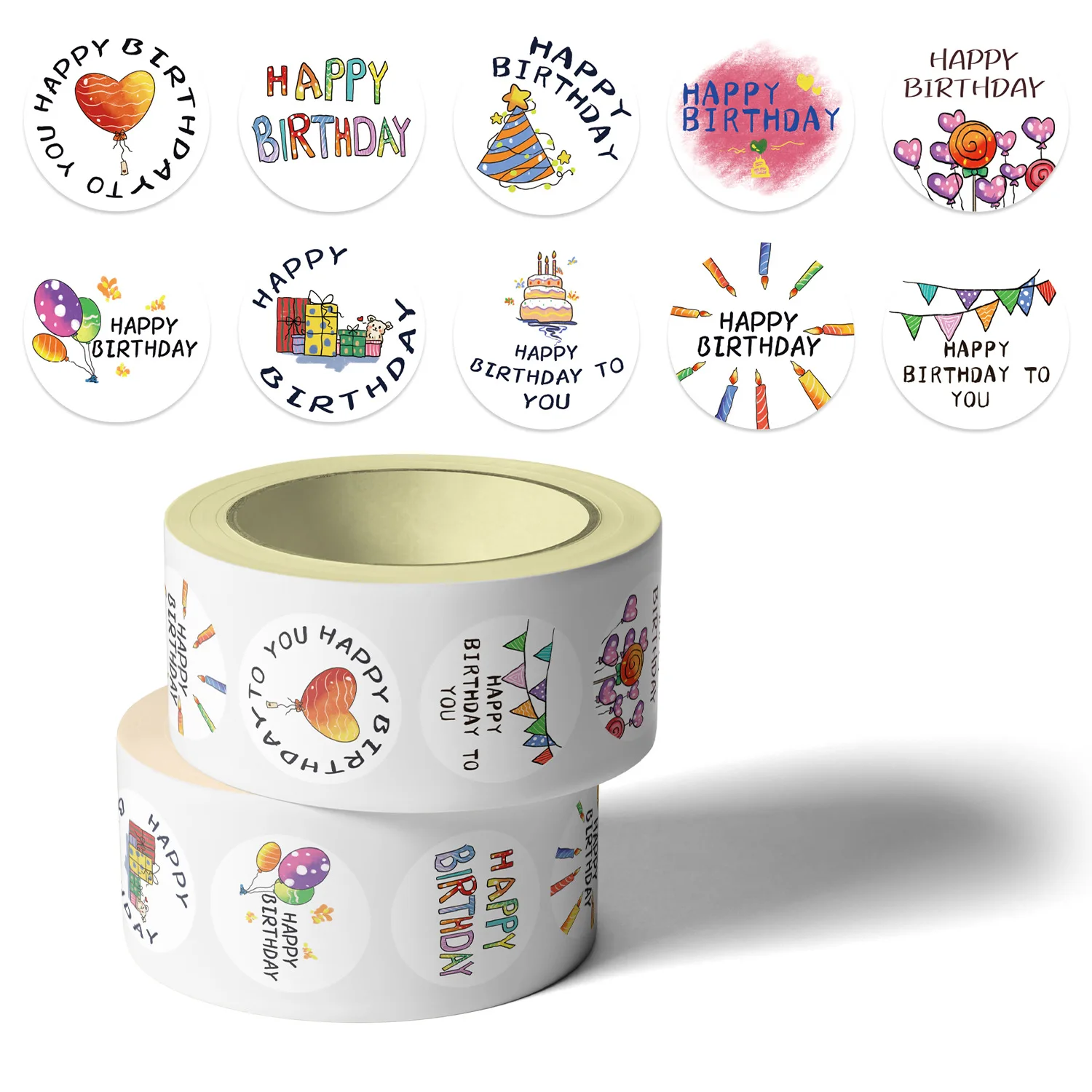 500Pcs Happy Birthday Stickers Roll, 10 Designs Cartoon Party Decals, Colorful Cake Balloon Candles Seals for Kids Scrapbooking