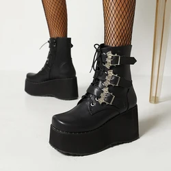 Plus Size Slope And Flat Bottomed Raised Punk Style Motorcycle Boots Metal Bat Buckle Cross Tie Side Zipper Women's Short Boots