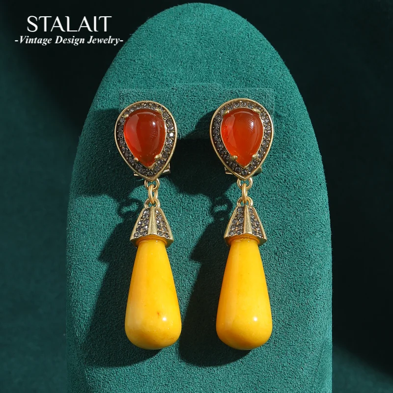 

Vintage Yellow Agate Long Earrings For Ladies Drop Dangle Elegant Nature Stone Gold Color Woman Luxury Designer Jewelry 2025