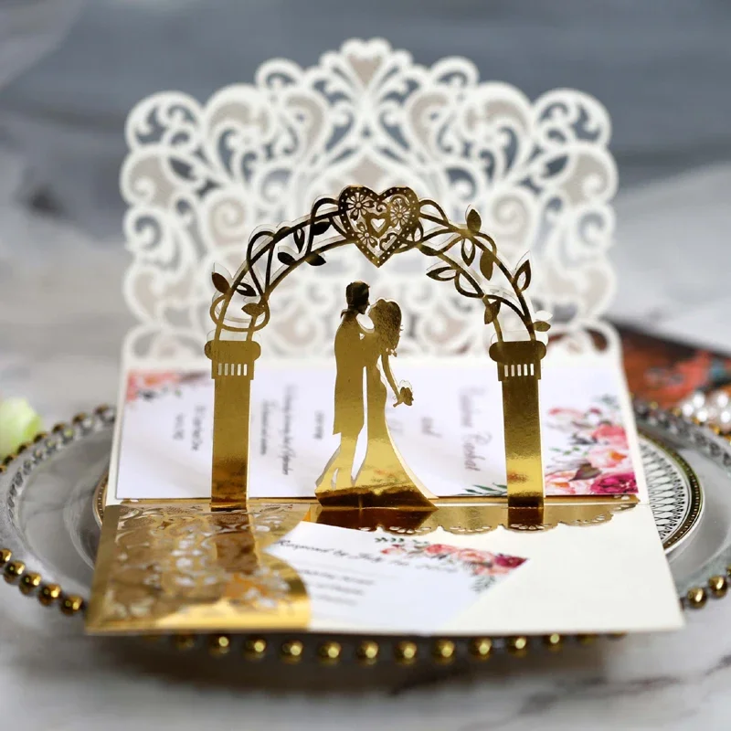 

50 PCS 3D Bride and Groom Rose Gold Pop Up Wedding Invitations Laser Cut Greeting Cards Envelope Bridal Shower Invitation Cards