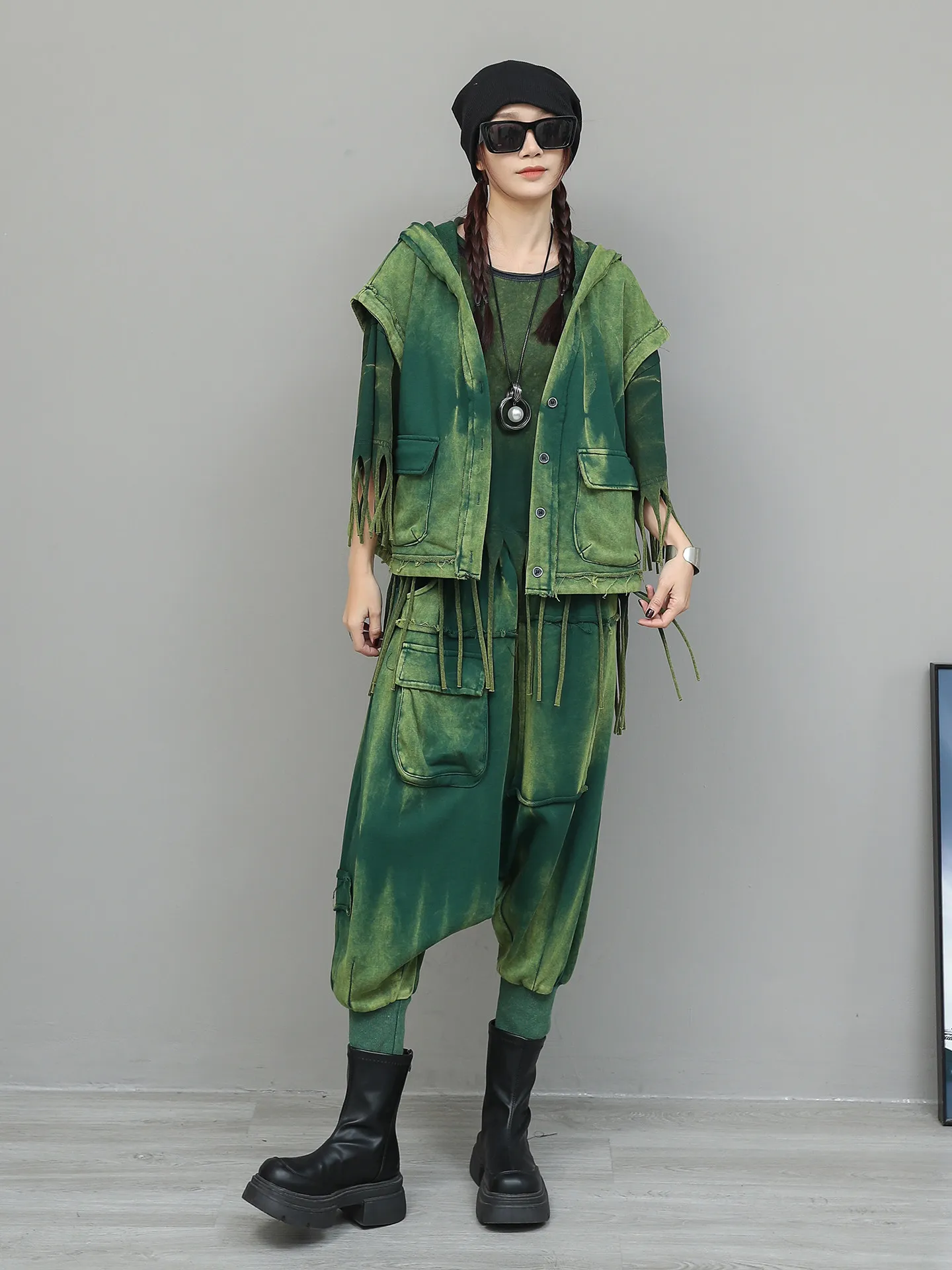 

Vintage Gradient Hooded Cardigan Vest Elastic Waist Cross-pants Two-piece 2026 New Women's Spring Loose Fashion Streetwear Set