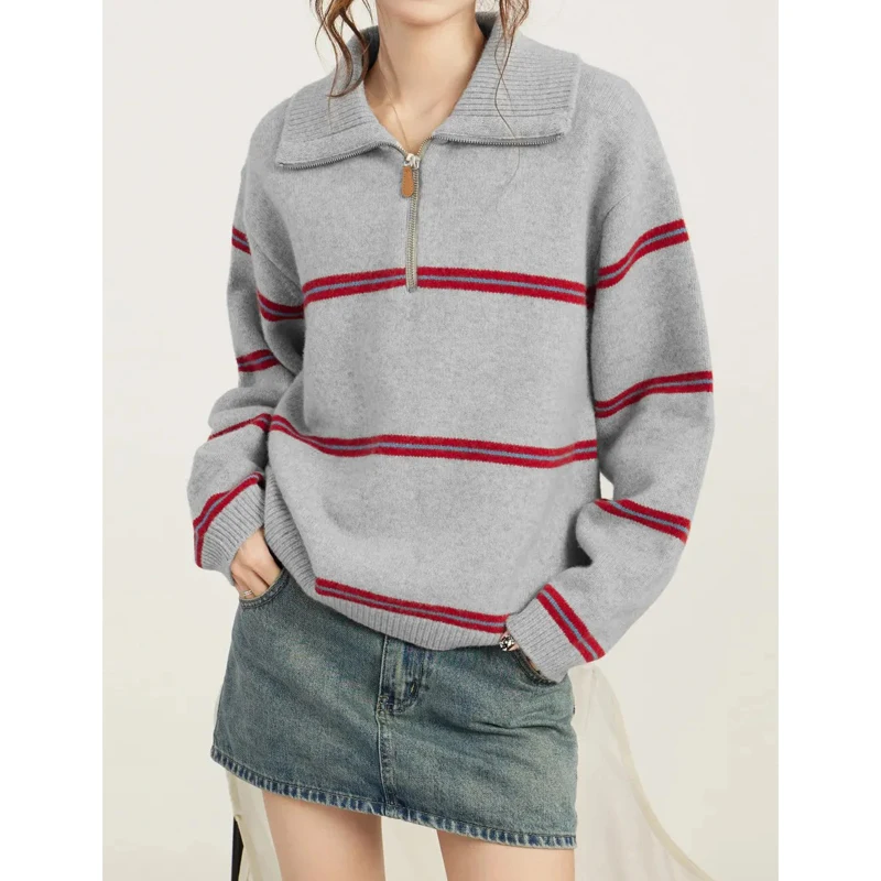 Deeptown Vintage Japanese Style Striped Sweaters Women Casual Polo Knitwears Loose Korean Fashion Gray Zipper Knitted Pullovers