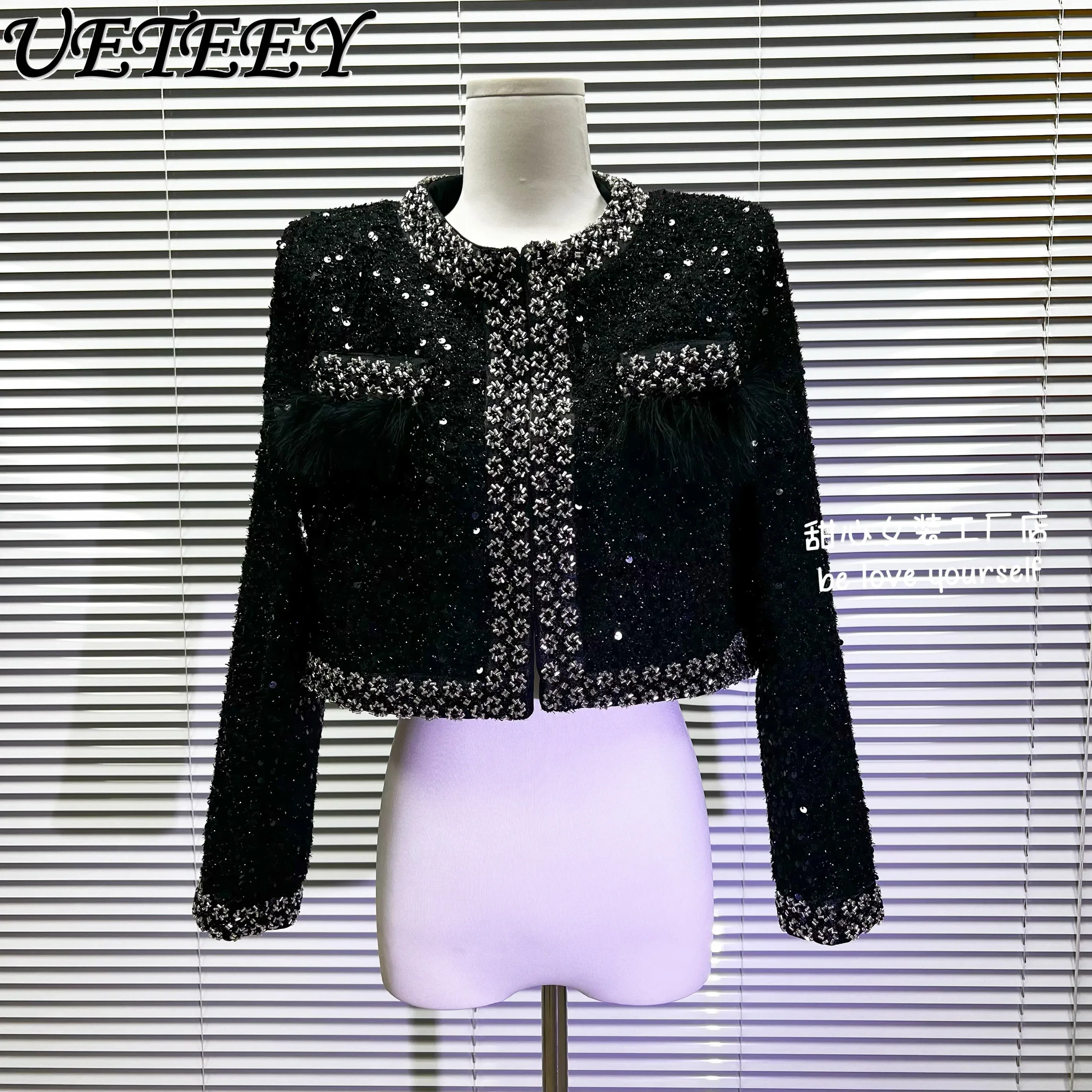 

Fall Winter New Heavy Embroidery Sequins Feather Black Woolen Coat Women's High-Grade Long Sleeve Single-Breasted Tweed Jacket