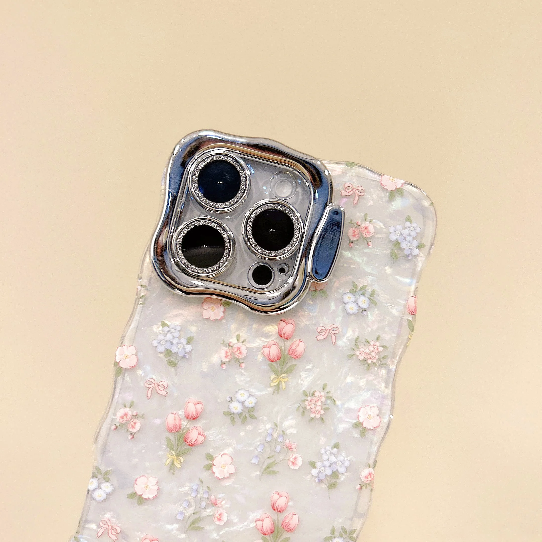 Chic Tulips Pattern Waving Frame Shell Gloss Len Frame Kickstand Phone Case for iPhone 16 15 14 11 12 13 Pro Max Plus Back Cover view 5