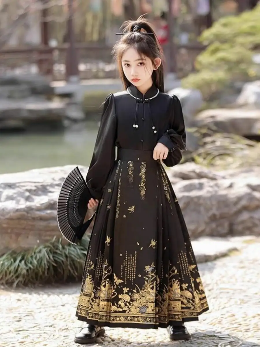 

Весенний новый стиль: Детский комплект Ханьфу для девочек, юбочный костюм, старинный костюм, юбка средней длины, 100% триацетатное волокно