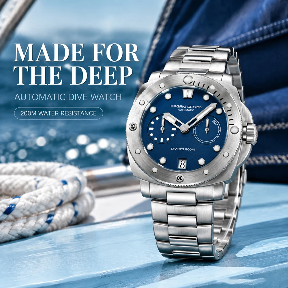 Top PAGANI DESIGN Diving Machinery Automatic Men's Watch Stainless Steel Luminous Sapphire Glass Outdoor Sports watches for man
