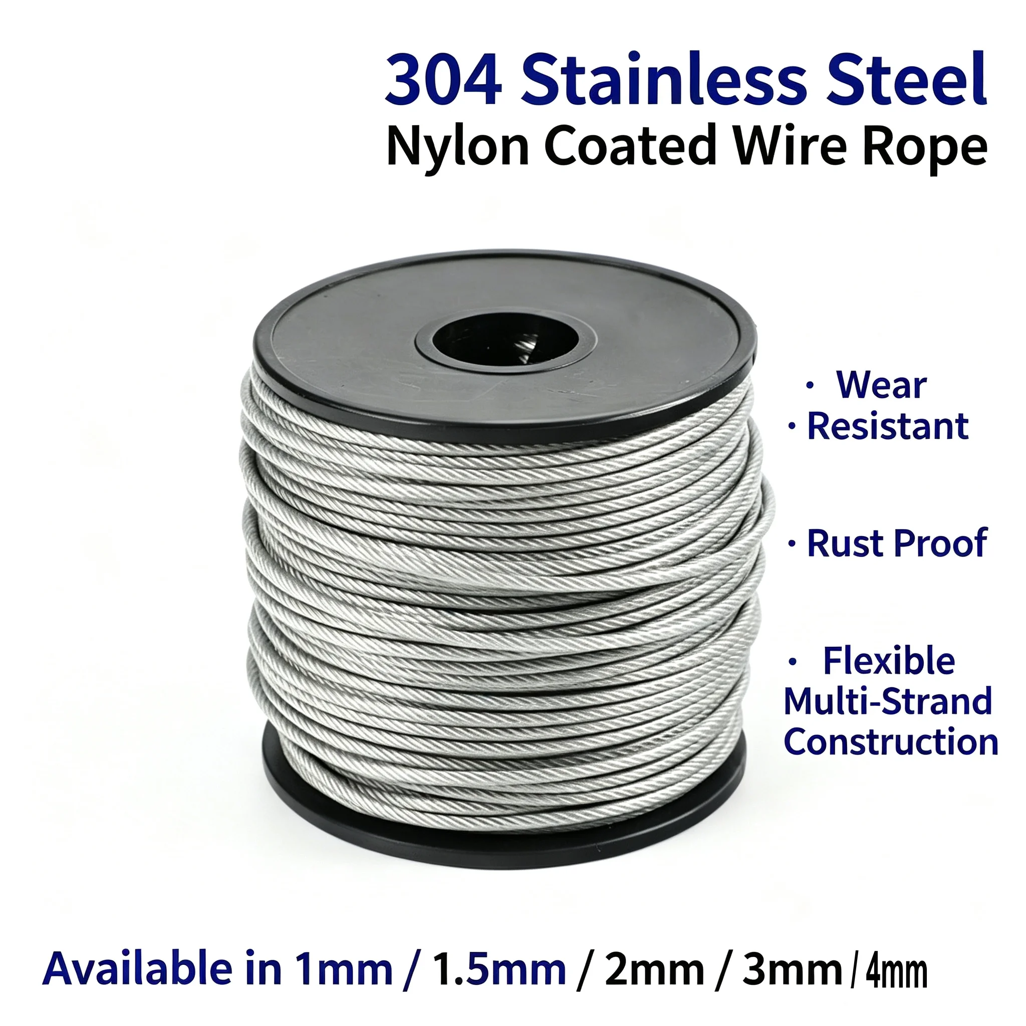 NYLON Coated Wear Resistant 1mm 1.5mm 2mm 3mm 4mm 304 Stainless Steel Hard Wire Rope Plastic Coated Steel Cable