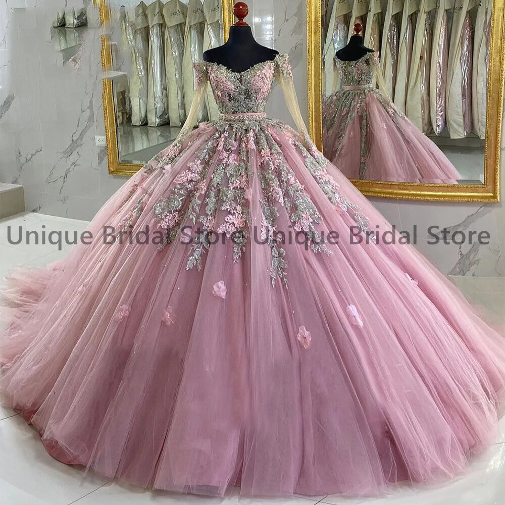 Vestido de quinceañera Floral, vestidos de fiesta de 15 años, mangas largas personalizadas, cuello en V, cuentas de flores, vestidos de baile para cumpleaños