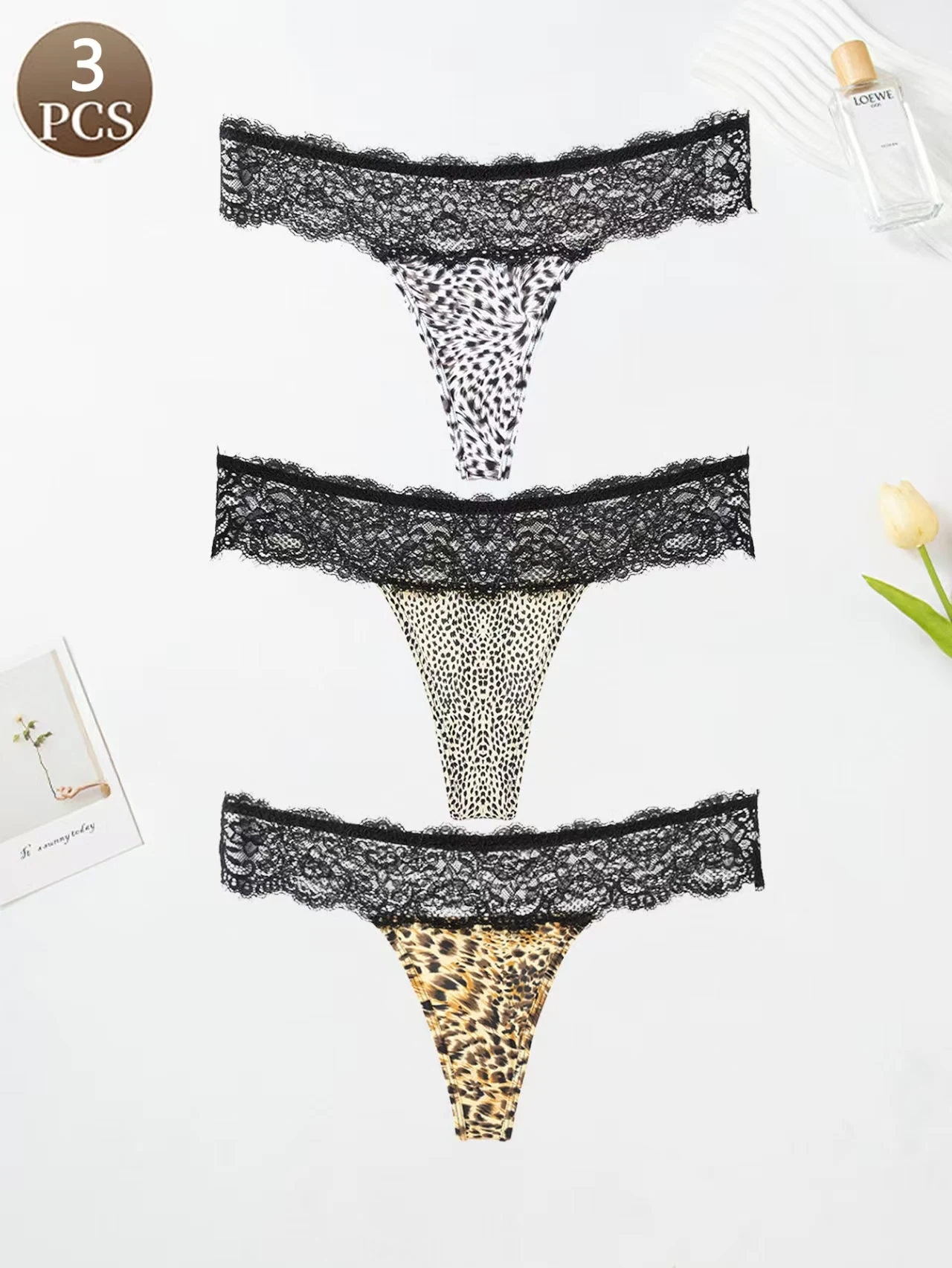 3PCS Damen Tangas Hosen sexy Spitzenhöschen modischer Leopardenmuster G-String für Mädchen niedrige Taille nahtlose Unterhosen
