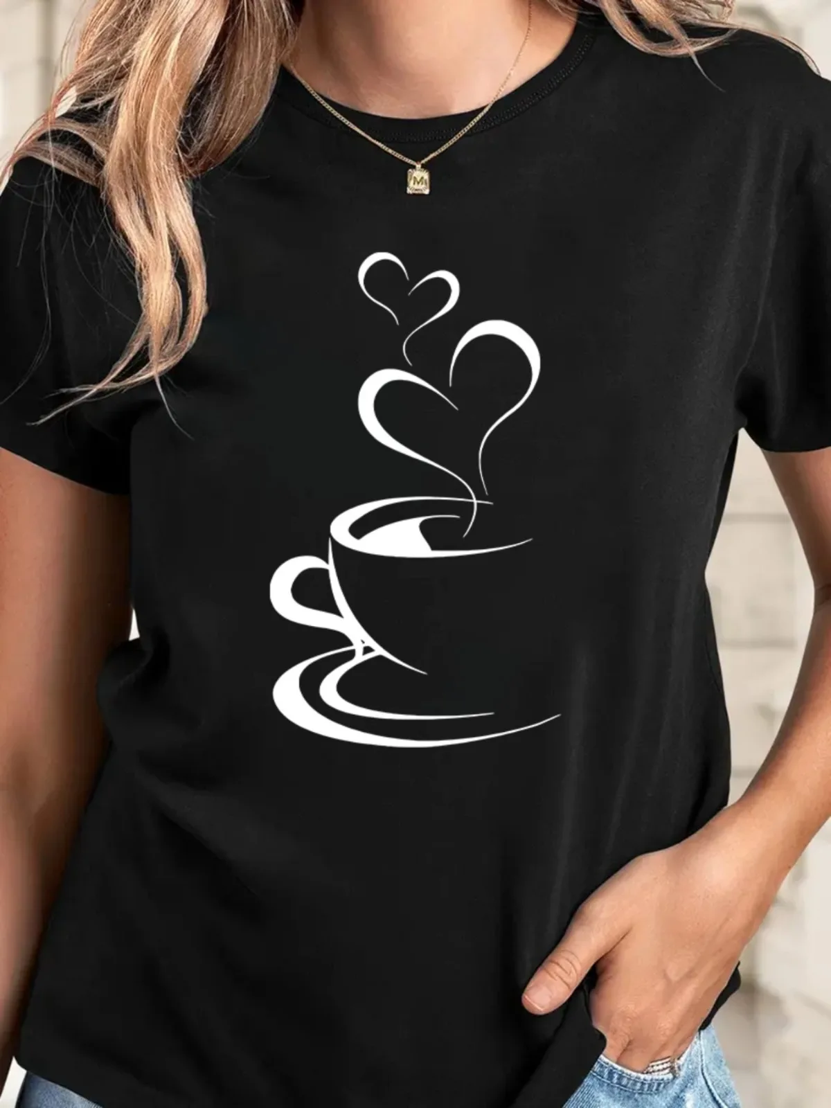 【セール中】女性のコーヒーパターンプリント Tシャツラウンドネック半袖 Tシャツ快適なフィットトップ女性のスポーツウェア女性服