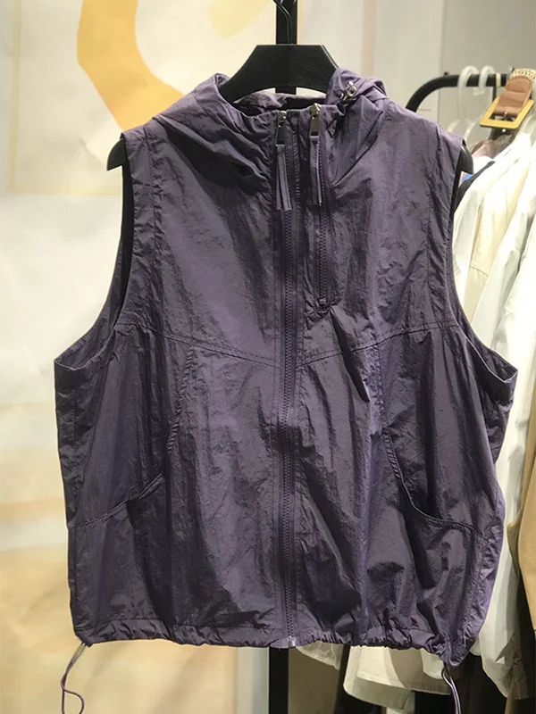 カジュアルなフード付きノースリーブベスト速乾性ダブルジッパートレンディな夏の新着女性のタンクトップアウター通気性