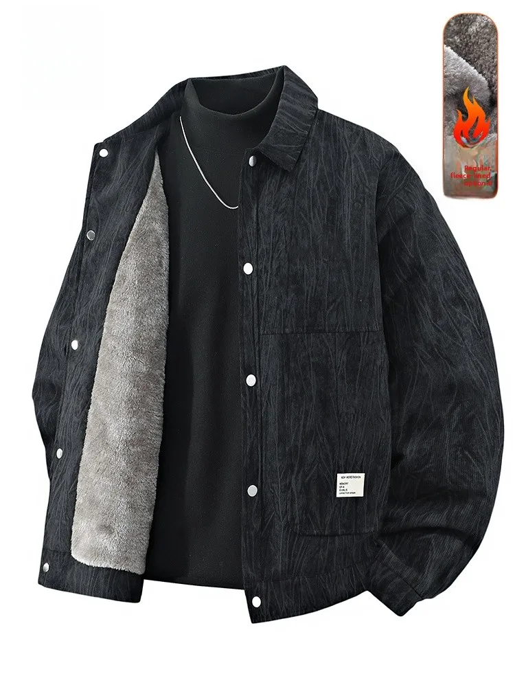 

2026 Autumn Winter Thiened Fce Lined Corduroy Jaet Men's Casual Large Size Coat Warm Top Button Decoration Youth Faion