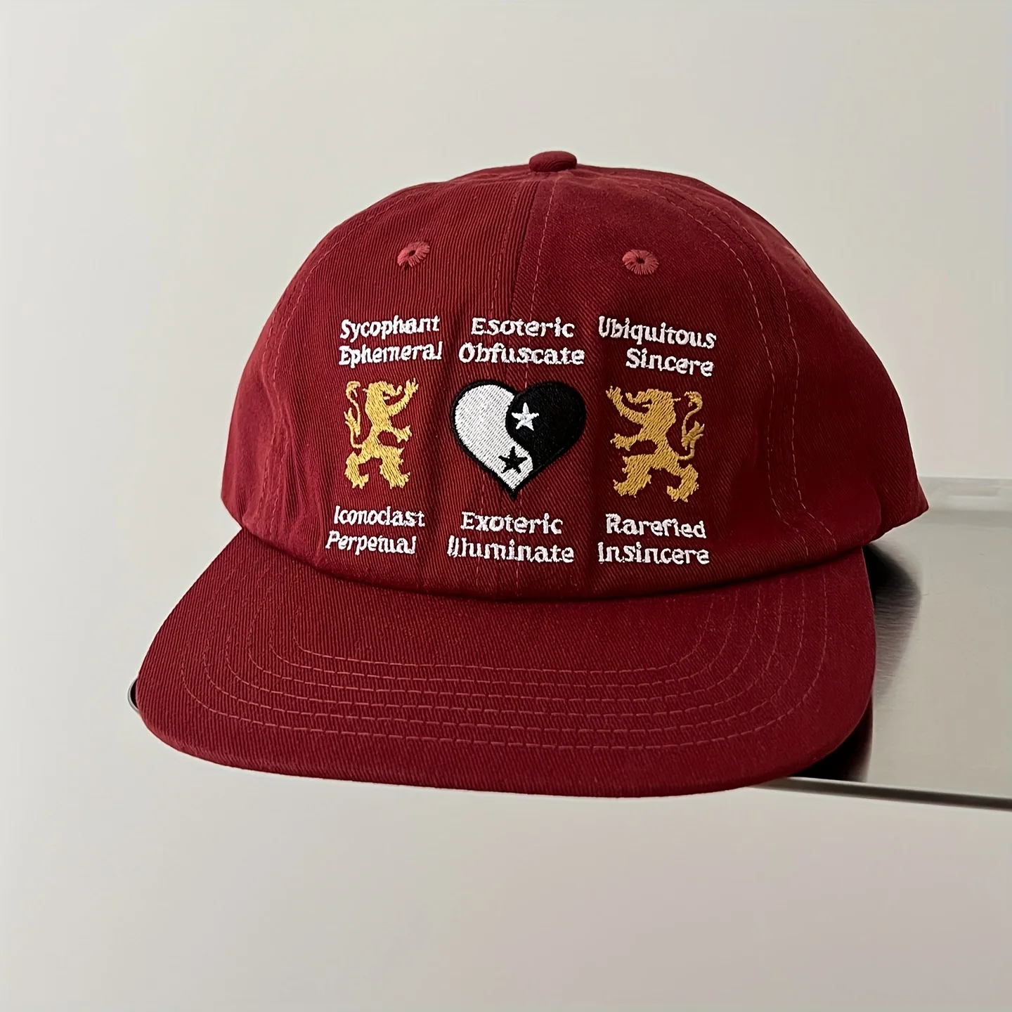 Wine Red Baseball Cap for Men & Women - Adjustable Lightweight Streetwear Hat with Yin-Yang & Lion Design, Occult Symbolism