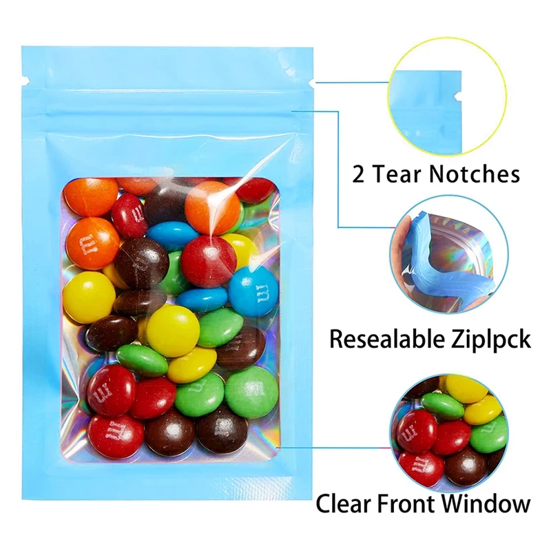 100Pcs Resealable Holographic Bags, Smell Proof Mylar Pouch With Clear Window For Food Storage Party Favor Business