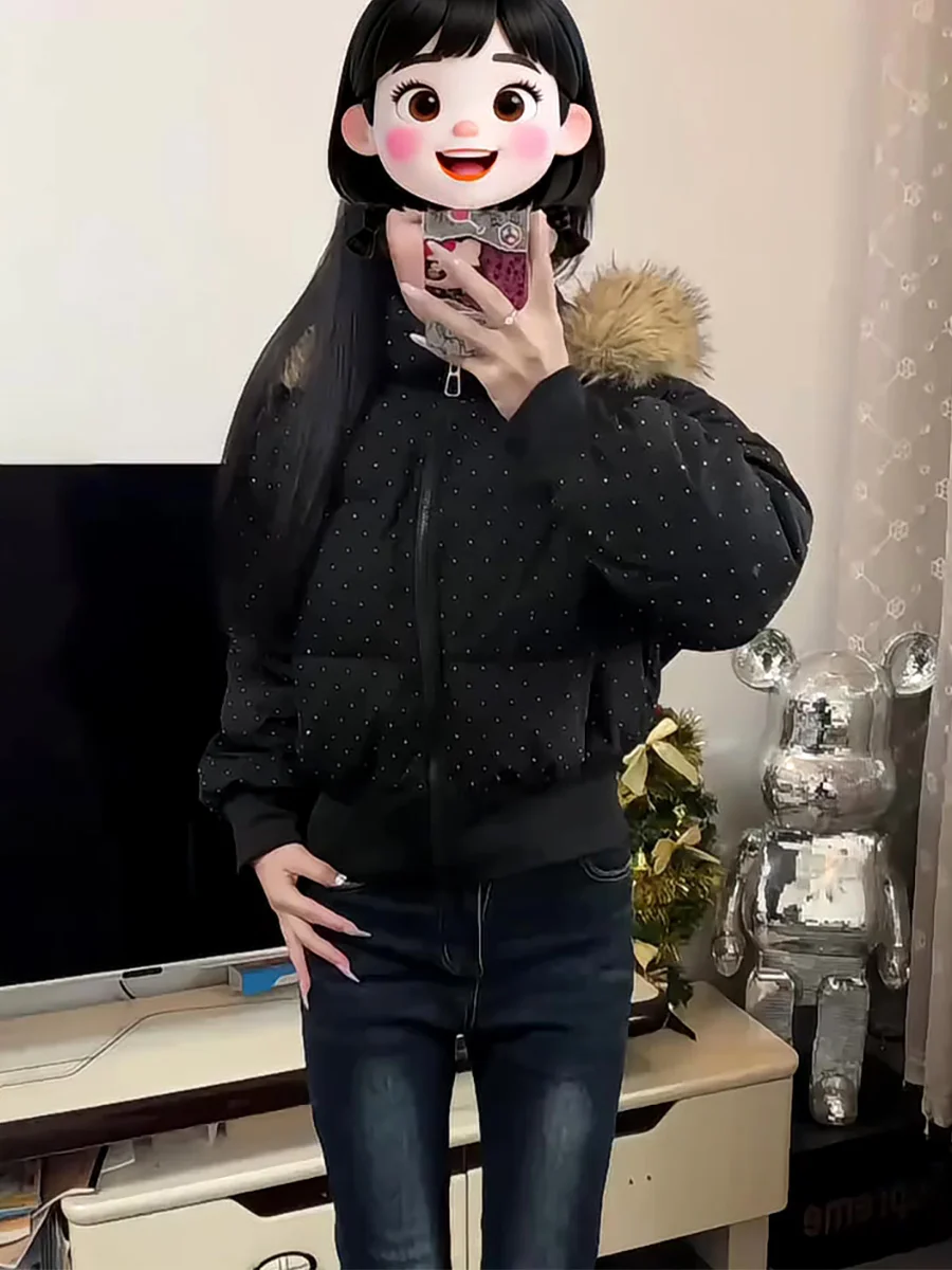 

Heavyweight Rhinestone ort Puffer Jaet Women's Winter Bla Fur Collar Warm Thi 90 White Du down Coat Stand Collar