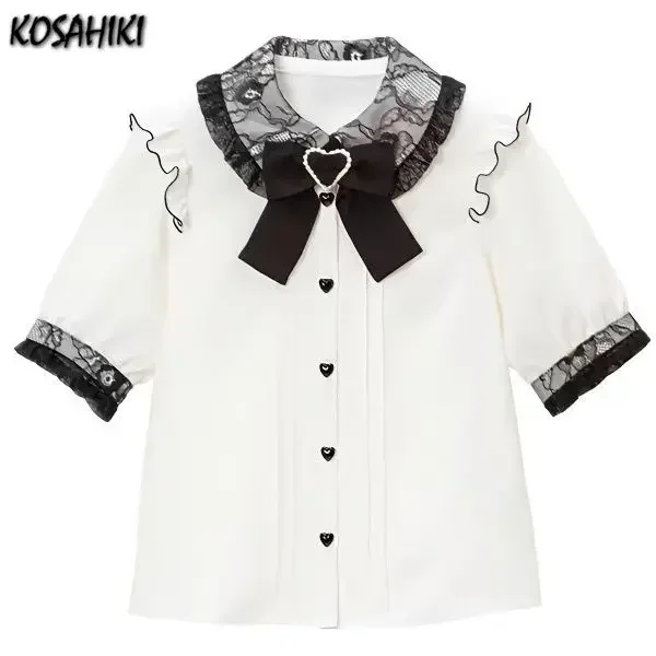 New Japanese Kawaii Girl Sweet Cute Lolita Short Sleeve Shirt Summer Y2k Aesthetic Lace All Match Blouse Top Women  Blusas