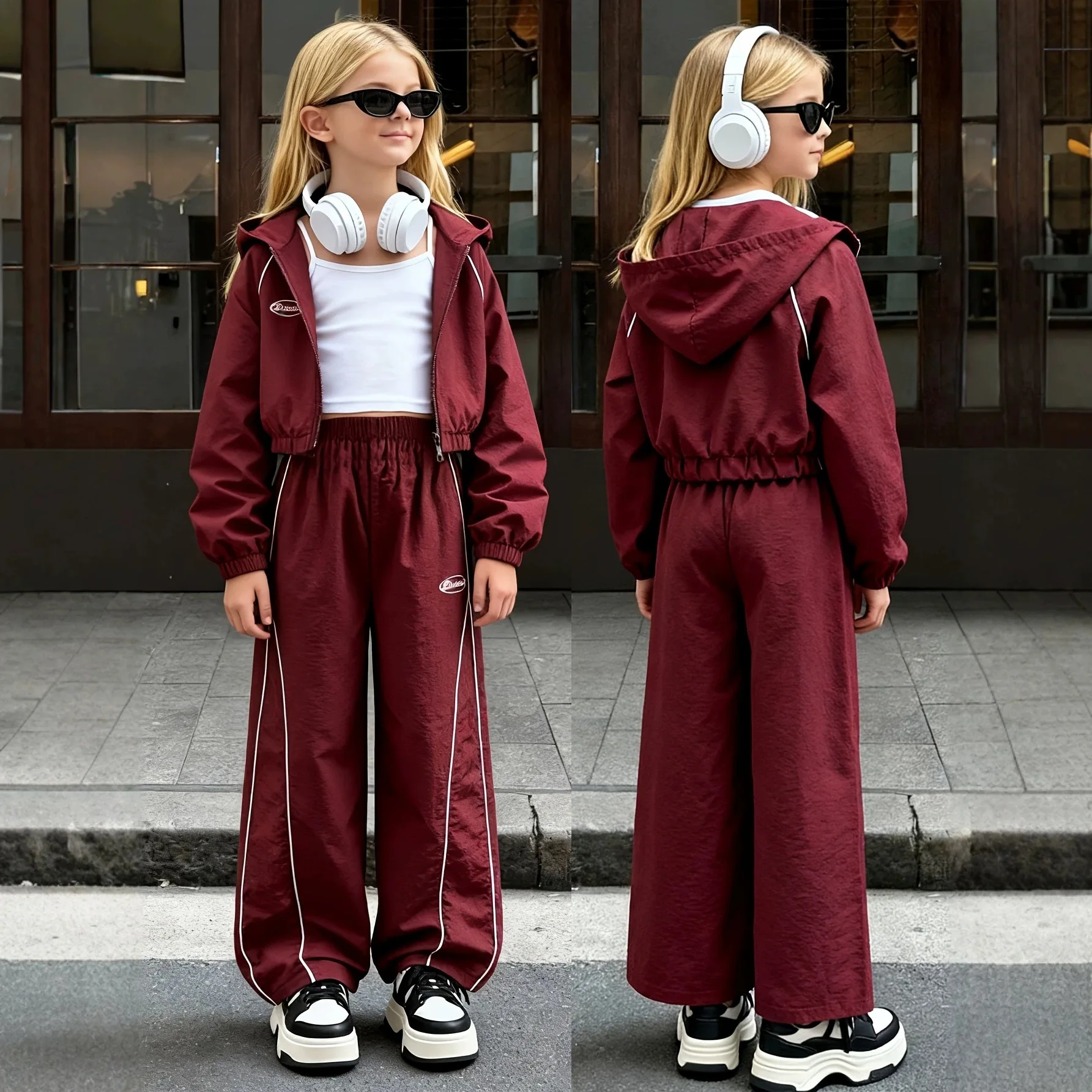2026 autumn winter girls Children set Jacket Teenager top Hooded + wide leg cargo pant trouser tracksuit 4 6 8 10 12 14 year