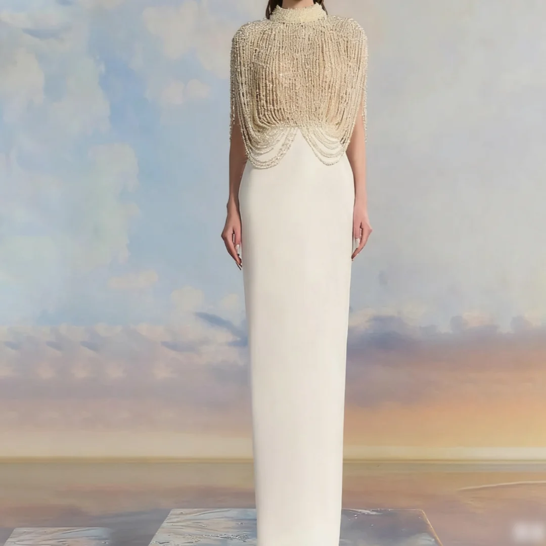 Elegante cuello redondo sin mangas satén hasta el suelo batas con abertura Invitee Mariage lujoso vestido de madre de la novia con perlas personalizado