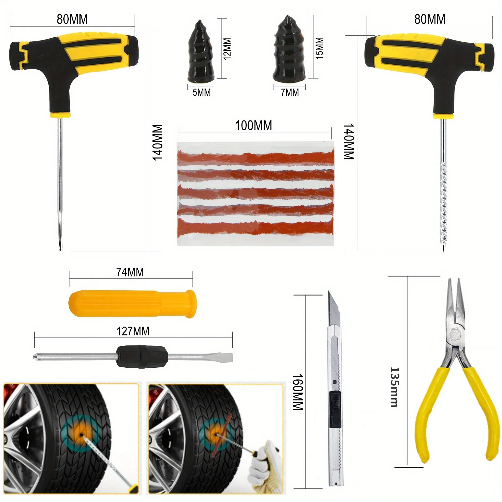 42Pcs Car Tire Repair Kit Puncture Plug Tools Tyre Puncture Emergency for Tire Strips Stirring Glue Repair Tool Kit