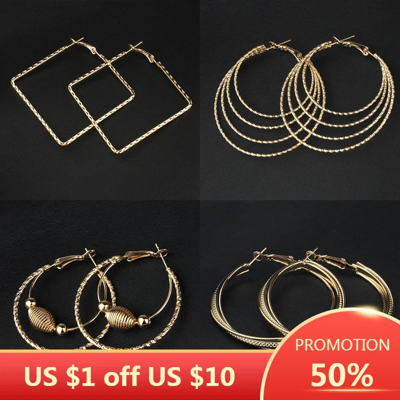 SOHOT Vintage Exaggerate Copper Alloy Big Round Smooth Gold Color Geometry Hoop Earrings For Women Piercing Jewelry Accessories