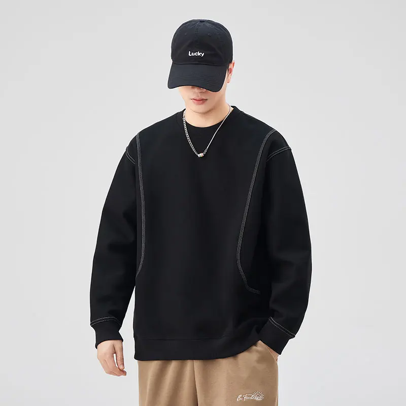 

round Neck Sweater Bright Line Design Loose Solid Color Street Men and Women Same Style All-Matching Casual 2024 New Top