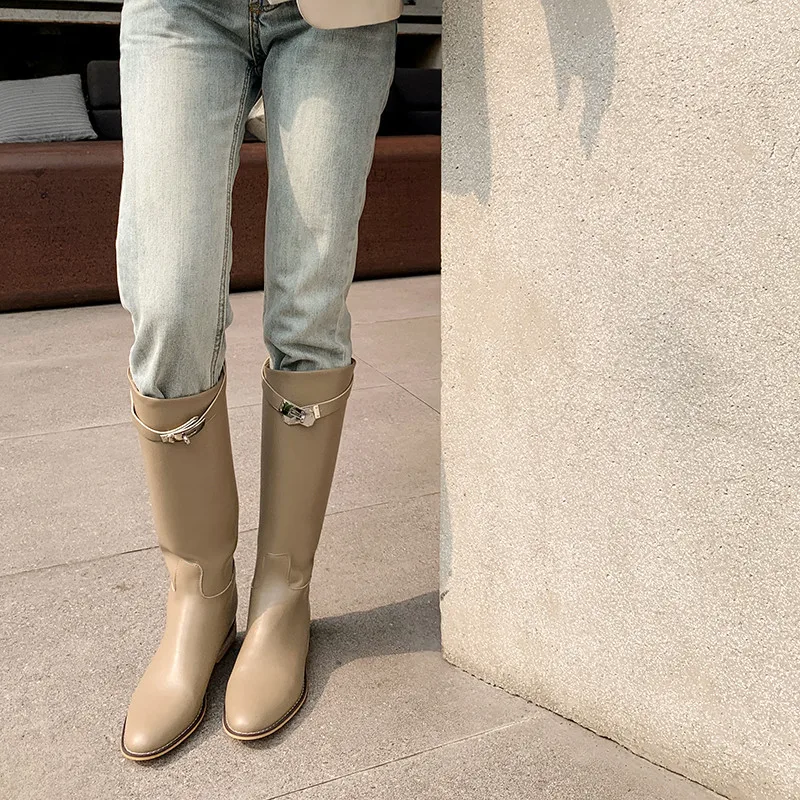 

MKKHOU Fashion Knee High Boots New High Quality Leather Round Toe Metal Buckle Low Heel Rider Boots Winter Classic High Boots