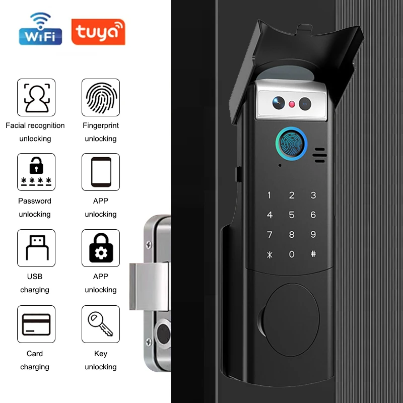 

Outdoor Waterproof Smart Tuya Wifi Lock 3D Face Recognition Digital Code Keyless App Fingerprint Lock With Rechargeable Battery